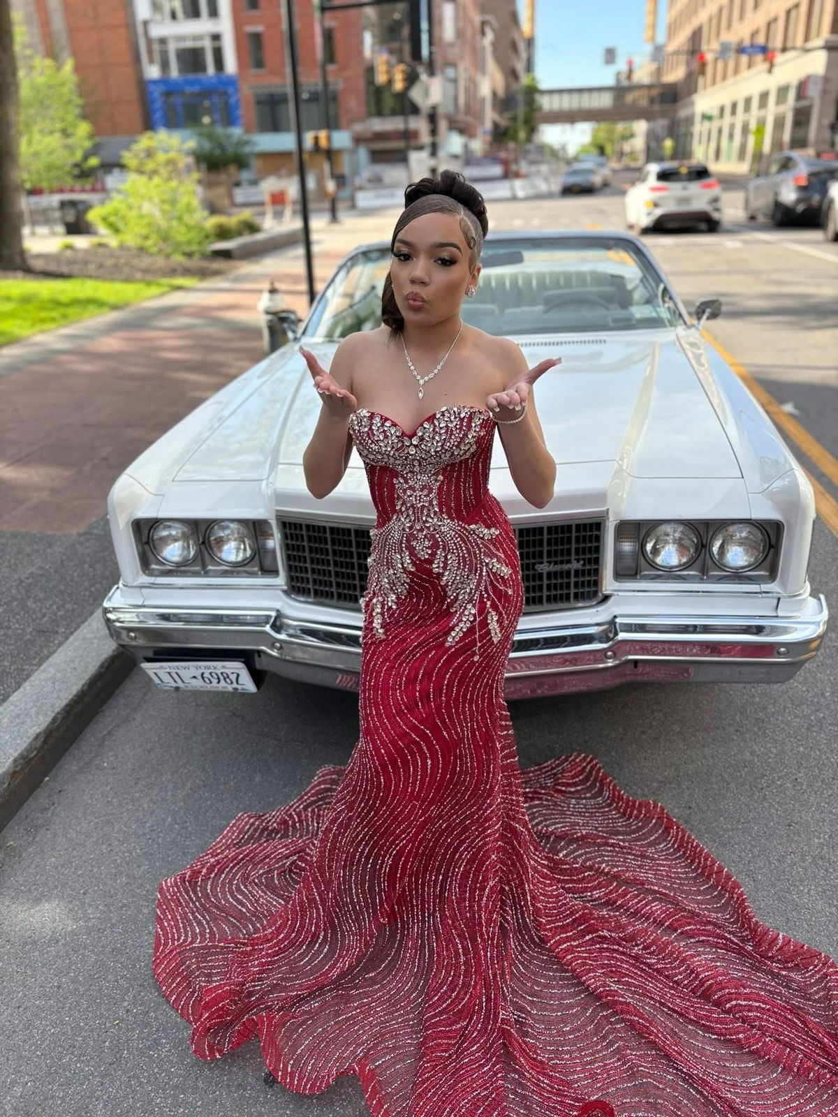 Gorgeous Red Mermaid Sweetheart Neckline Rhinestone Sequined Train Prom Dress Evening Dress cc5041