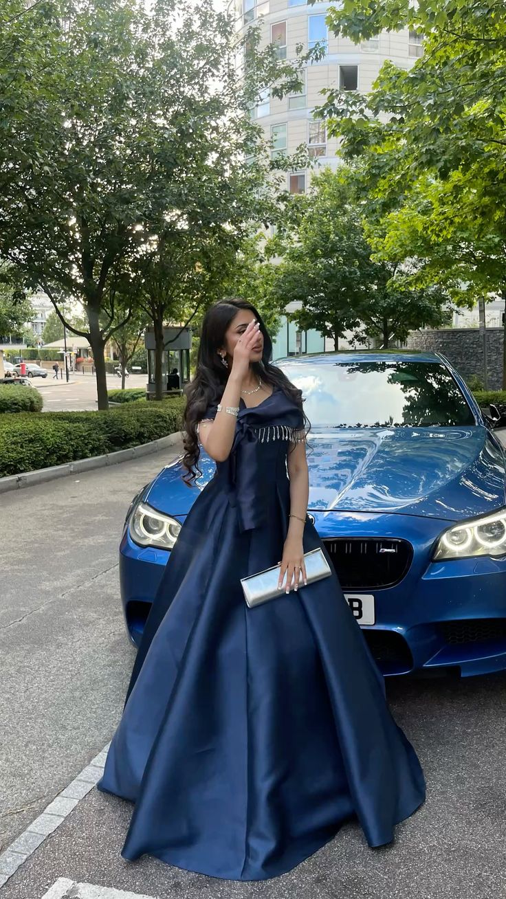 Elegant Navy Blue A-line Tassel Satin Long Prom Dress Evening Dress cc5043