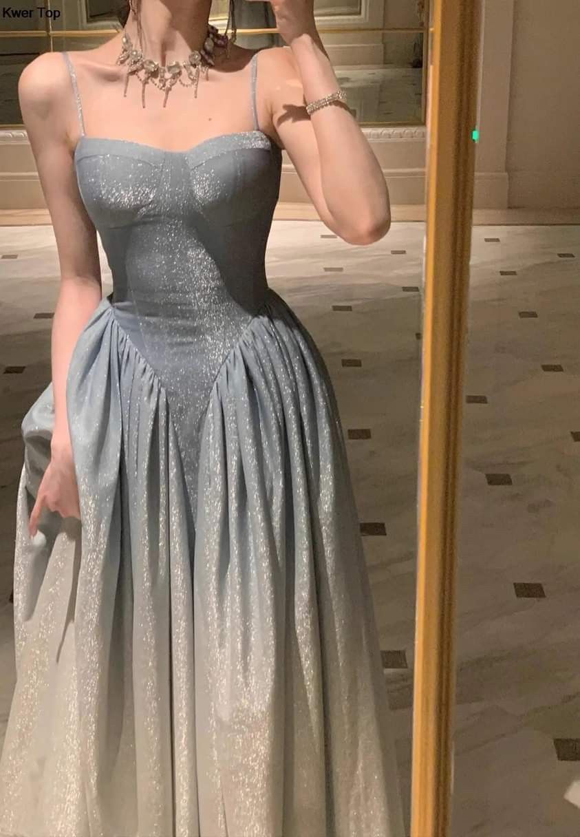 Dreamy Light Blue A-line Spaghetti Strap Sequins Long Prom Dress Evening Dress cc5044
