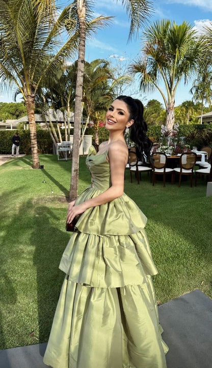Elegant Green A-line V-neck Multi-Layered Ruffled Satin Long Prom Dress Evening Dress Bridesmaid Dress cc5045