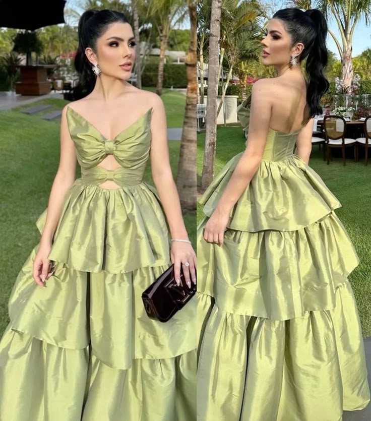 Elegant Green A-line V-neck Multi-Layered Ruffled Satin Long Prom Dress Evening Dress Bridesmaid Dress cc5045