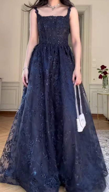 Retro Elegant A-line Navy Blue Square Neck Lace Long Prom Dress Evening Dress cc5047