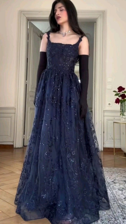 Retro Elegant A-line Navy Blue Square Neck Lace Long Prom Dress Evening Dress cc5047