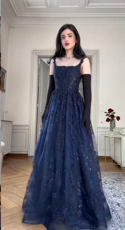 Retro Elegant A-line Navy Blue Square Neck Lace Long Prom Dress Evening Dress cc5047
