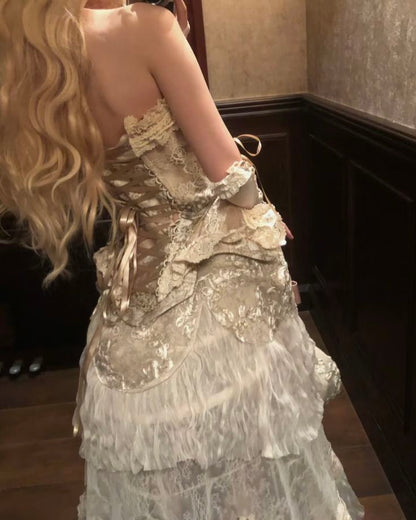 Vintage Off-white A-line Strapless Multi-Layered Ruffled Lace Long Prom Dress Evening Dress cc5049