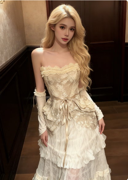 Vintage Off-white A-line Strapless Multi-Layered Ruffled Lace Long Prom Dress Evening Dress cc5049
