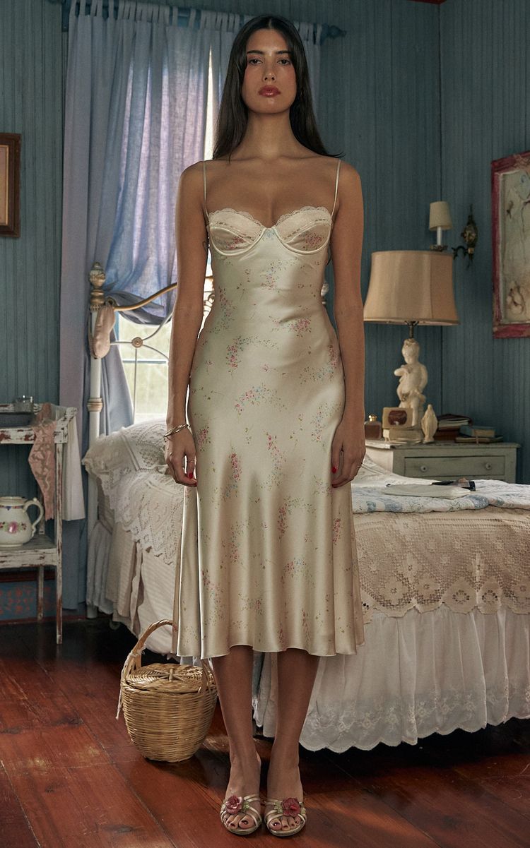 French Retro Ivory Floral Slim Spaghetti Strap Satin Tea-length Prom Dress Evening Dress cc4735