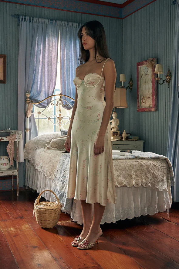 French Retro Ivory Floral Slim Spaghetti Strap Satin Tea-length Prom Dress Evening Dress cc4735