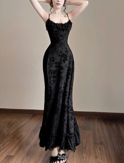 Vintage Black Mermaid Thin Strap Velvet Jacquard Long Prom Dress Evening Dress cc5050