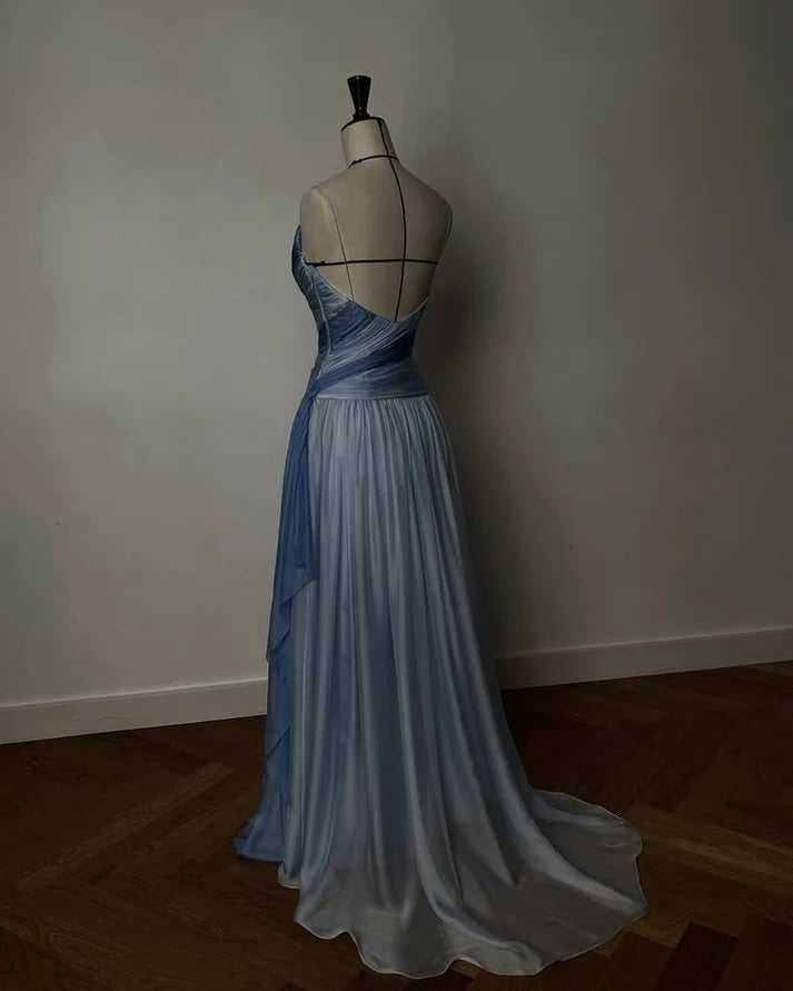 Elegant Blue Gradient A-line V-neck Spaghetti Strap Pleated Tulle Long Prom Dress Evening Dress cc5055