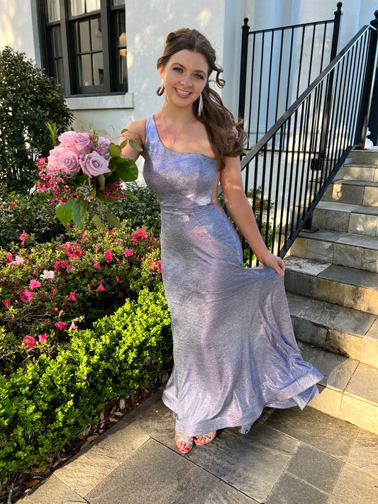 Elegant Purple Mermaid One-Shoulder Sparkling Satin Long Prom Dress Evening Dress Bridesmaid Dress cc5058