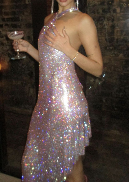 Colorful Sequined Backless Halter Neck Irregular Party Birthday Dress cc4036