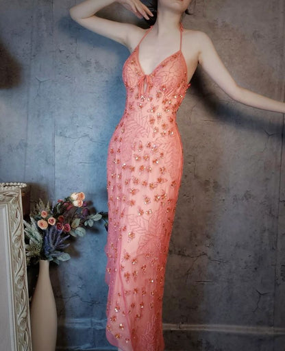 Gorgeous Pink Slim Fit Deep V Halter Neck Open Back Sequin Irregular Skirt Long Prom Dress Evening Dress cc4736