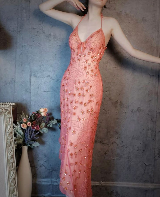 Gorgeous Pink Slim Fit Deep V Halter Neck Open Back Sequin Irregular Skirt Long Prom Dress Evening Dress cc4736