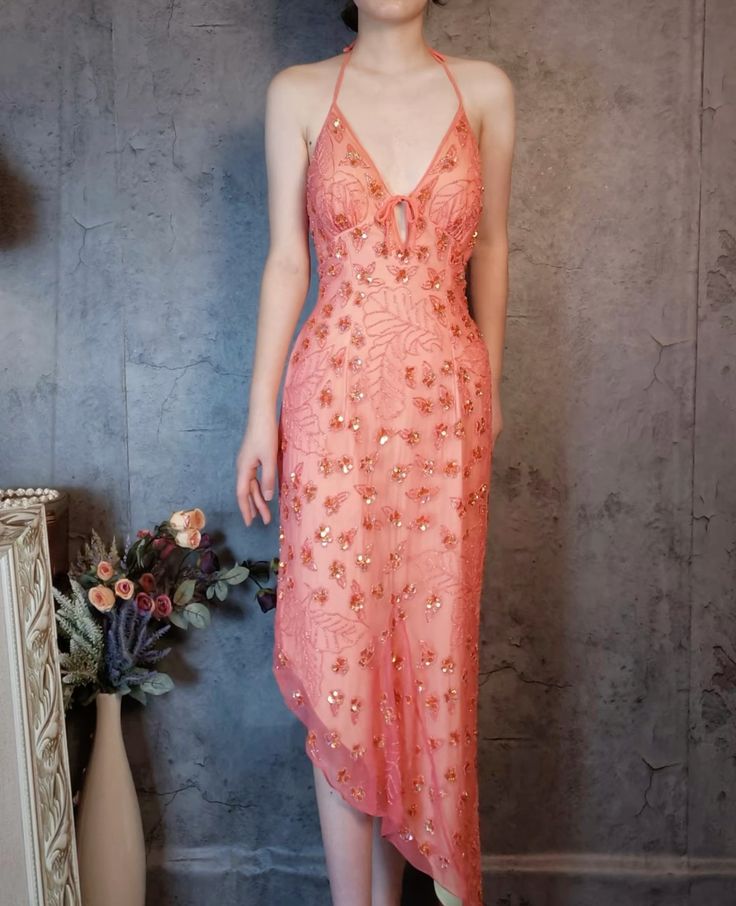 Gorgeous Pink Slim Fit Deep V Halter Neck Open Back Sequin Irregular Skirt Long Prom Dress Evening Dress cc4736