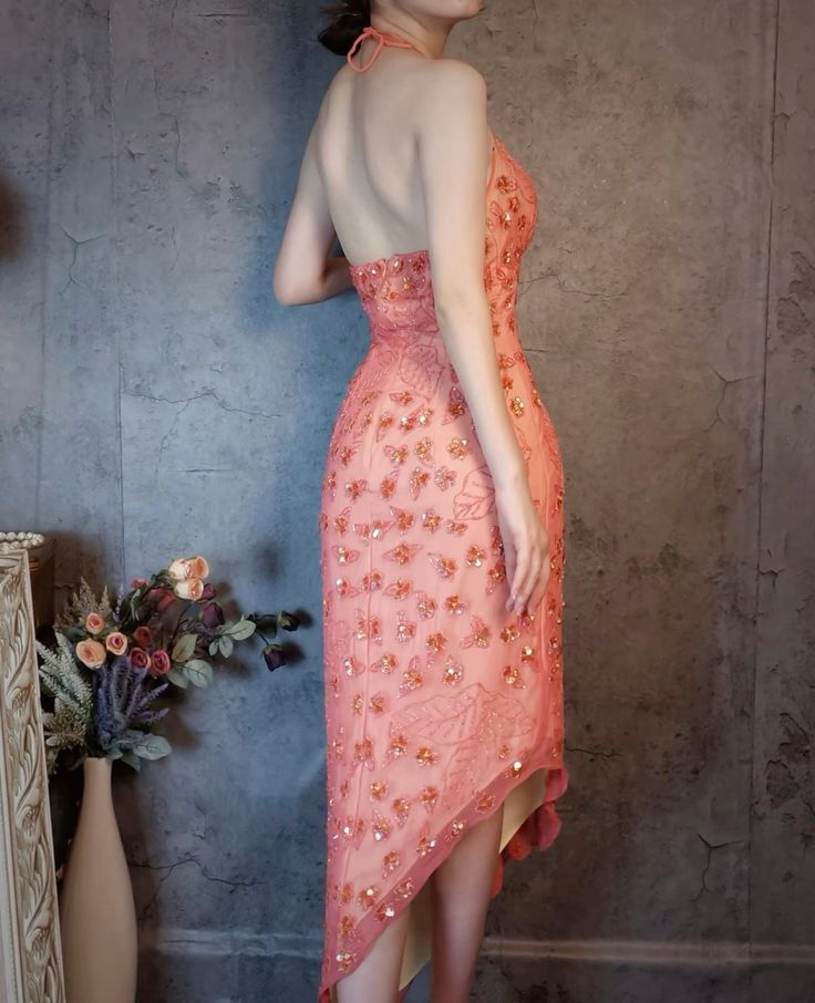 Gorgeous Pink Slim Fit Deep V Halter Neck Open Back Sequin Irregular Skirt Long Prom Dress Evening Dress cc4736