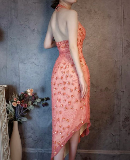 Gorgeous Pink Slim Fit Deep V Halter Neck Open Back Sequin Irregular Skirt Long Prom Dress Evening Dress cc4736