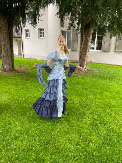 Retro Blue Gradient A-line Multi-Layered Ruffled Chiffon Long Prom Dress Evening Dress cc5060