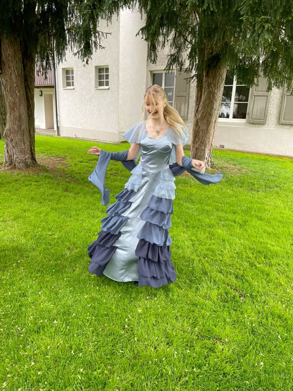 Retro Blue Gradient A-line Multi-Layered Ruffled Chiffon Long Prom Dress Evening Dress cc5060