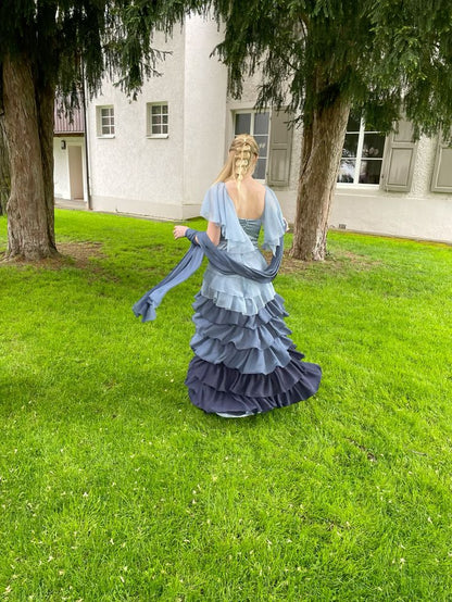 Retro Blue Gradient A-line Multi-Layered Ruffled Chiffon Long Prom Dress Evening Dress cc5060