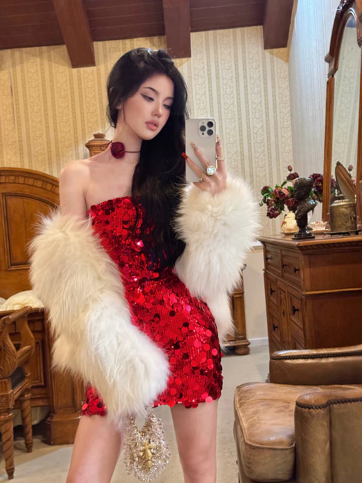 Shiny Sequined Tube Top Bodycon Birthday Short Skirt Homecoming Dress cc3502