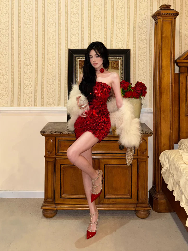 Shiny Sequined Tube Top Bodycon Birthday Short Skirt Homecoming Dress cc3502