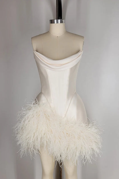 Elegant Satin Tube Top Feather Edge Bodycon 19th Birthday Homecoming Dress cc3503