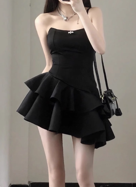 Elegant Black Satin Tube Top Irregular Birthday Tutu Homecoming Dress cc3514