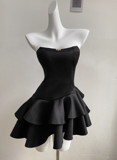 Elegant Black Satin Tube Top Irregular Birthday Tutu Homecoming Dress cc3514