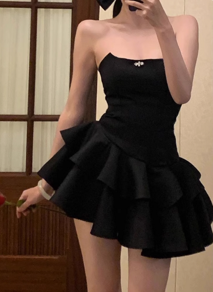 Elegant Black Satin Tube Top Irregular Birthday Tutu Homecoming Dress cc3514