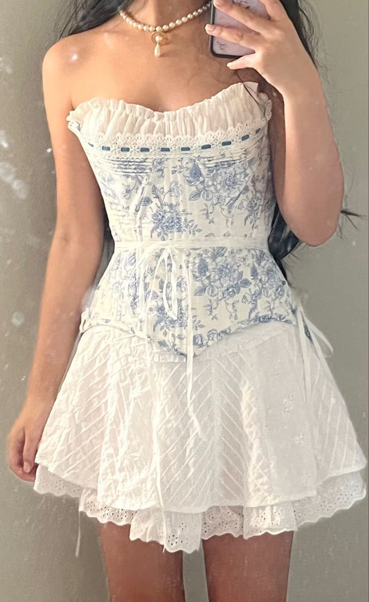 Sweet White And Blue Printed Lace Waist A-line 16th Birthday Homecoming Dress cc4362