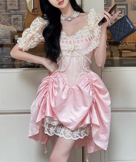 Sweet Pink Lace Short Sleeve Herringbone Short A-line 17th Birthday Homecoming Dress cc3522