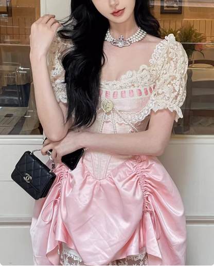 Sweet Pink Lace Short Sleeve Herringbone Short A-line 17th Birthday Homecoming Dress cc3522