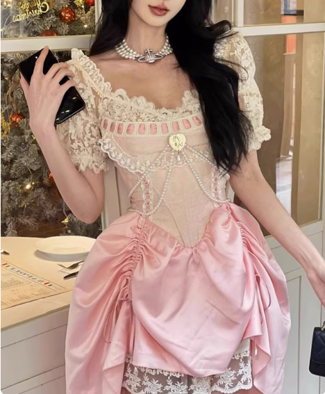 Sweet Pink Lace Short Sleeve Herringbone Short A-line 17th Birthday Homecoming Dress cc3522