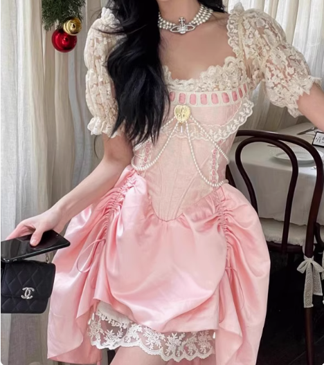 Sweet Pink Lace Short Sleeve Herringbone Short A-line 17th Birthday Homecoming Dress cc3522