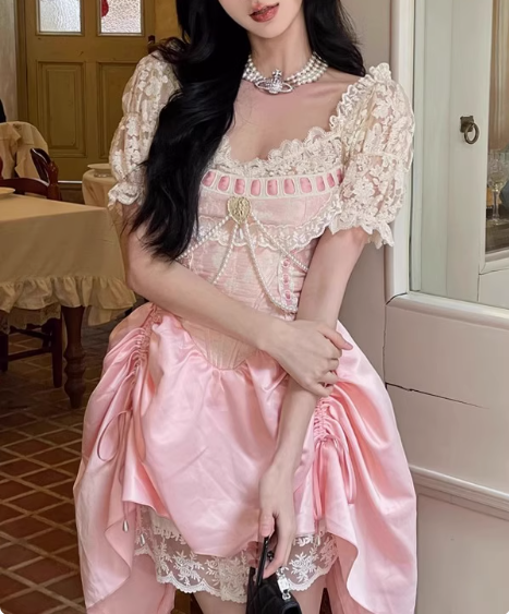 Sweet Pink Lace Short Sleeve Herringbone Short A-line 17th Birthday Homecoming Dress cc3522