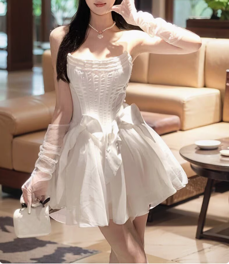 Sweet White Herringbone Tube Top Puff Birthday Dress Homecoming Dress cc3523