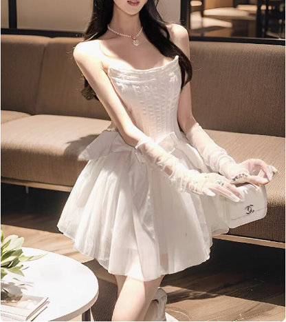 Sweet White Herringbone Tube Top Puff Birthday Dress Homecoming Dress cc3523