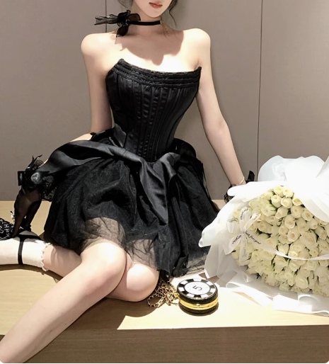 Sweet White Herringbone Tube Top Puff Birthday Dress Homecoming Dress cc3523