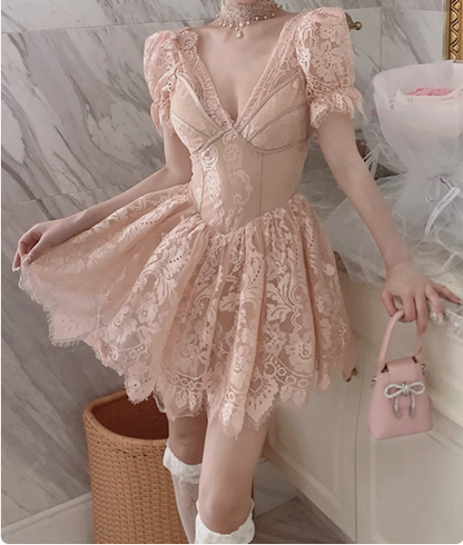 French Palace Lace V-neck Short Sleeve A-line Pink 17th Birthday Homecoming Dress cc3524