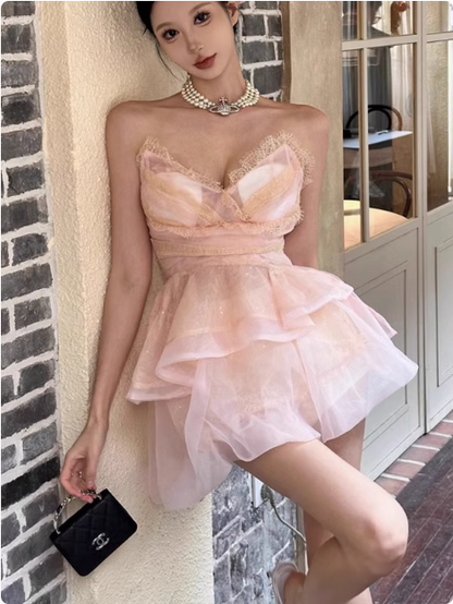 Cute Puffy Pink V Neck Mini Birthday Dress Homecoming Dress cc3525