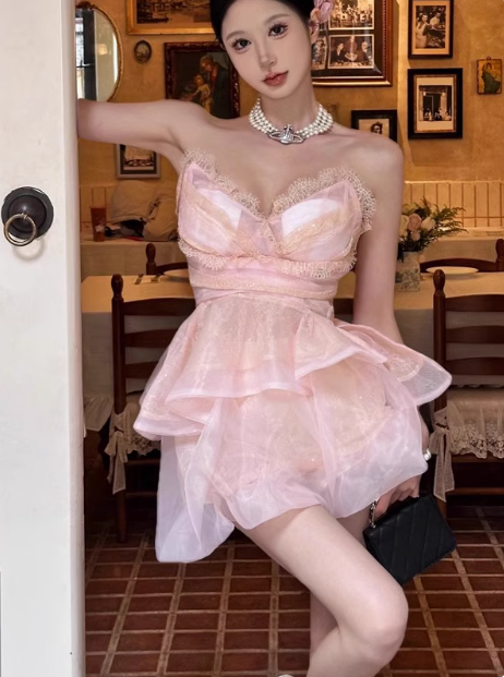 Cute Puffy Pink V Neck Mini Birthday Dress Homecoming Dress cc3525