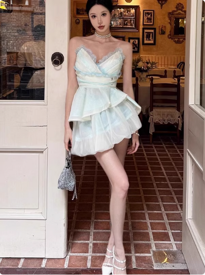 Cute Puffy Pink V Neck Mini Birthday Dress Homecoming Dress cc3525