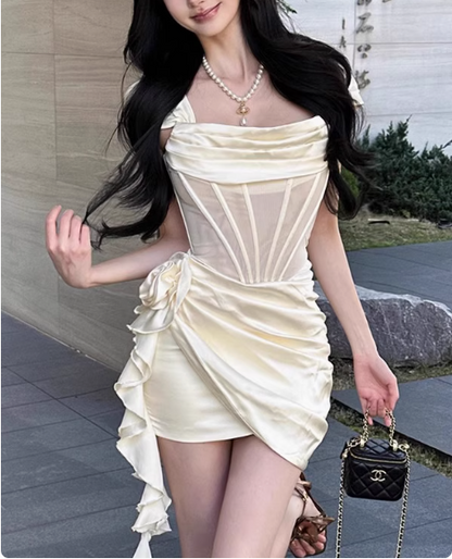 Sweet Satin Off-the-shoulder Hip-wrapped Herringbone 17th Birthday Homecoming Dress cc3526