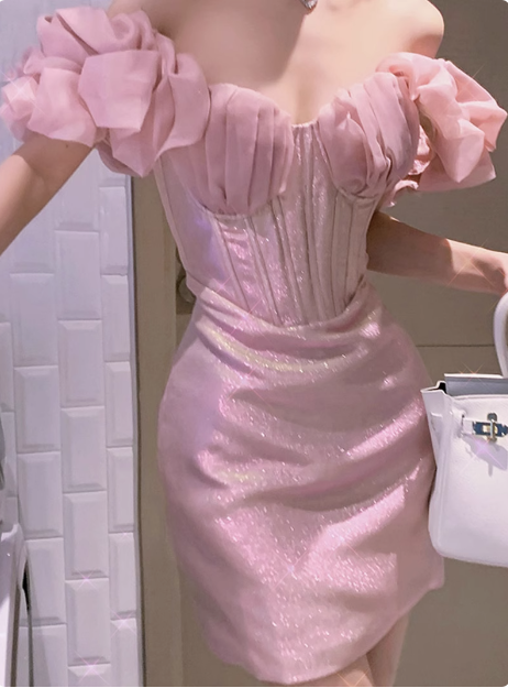 Shiny Pink French Puff Sleeve Herringbone Hip 17th Birthday Homecoming Dress cc3527