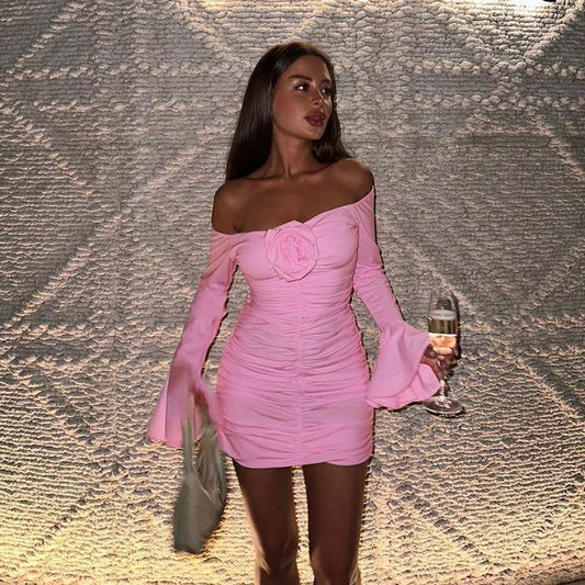 Sweet Pink One Shoulder Long Sleeve Homecoming Dress cc3529