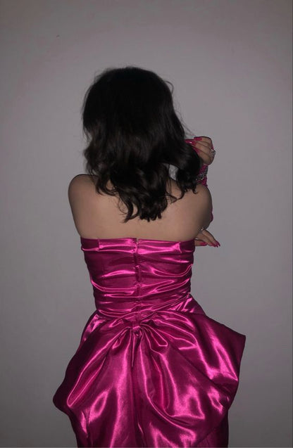 Cute Hot Pink Bandeau Satin Bow 17th Birthday Homecoming Dress  cc3533