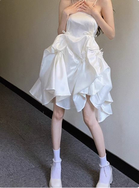 Sweet Satin Tube Top Strap Irregular Puffy Birthday Dress Homecoming Dress  cc3540