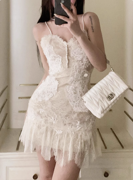 Heavy V-neck White Lace Suspender Birthday Dress Homecoming Dress cc3541