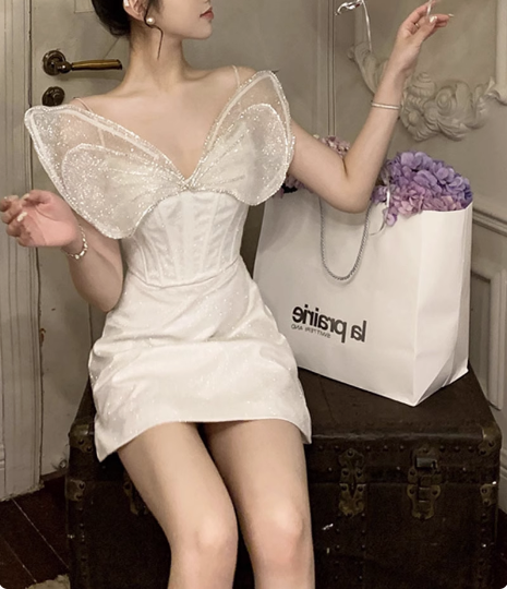 Princess Light Luxury Sling Rhinestone Bow Shiny 17th Birthday Homecoming Dress cc3543